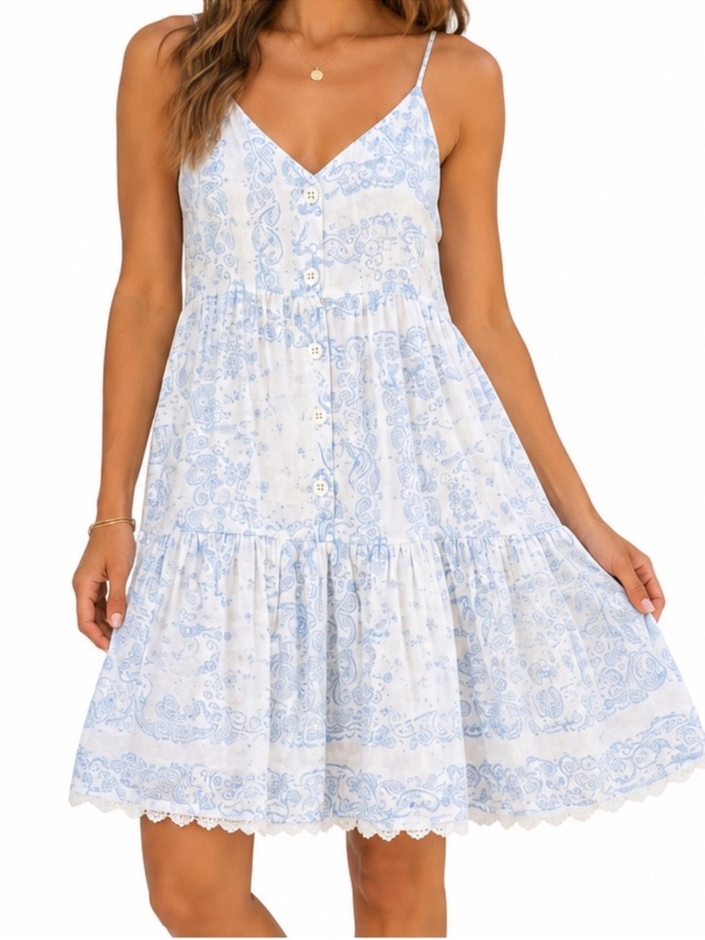 Chelsea & Violet M White Blue Paisley Tiered Sundress Boho Button Mini Dress
